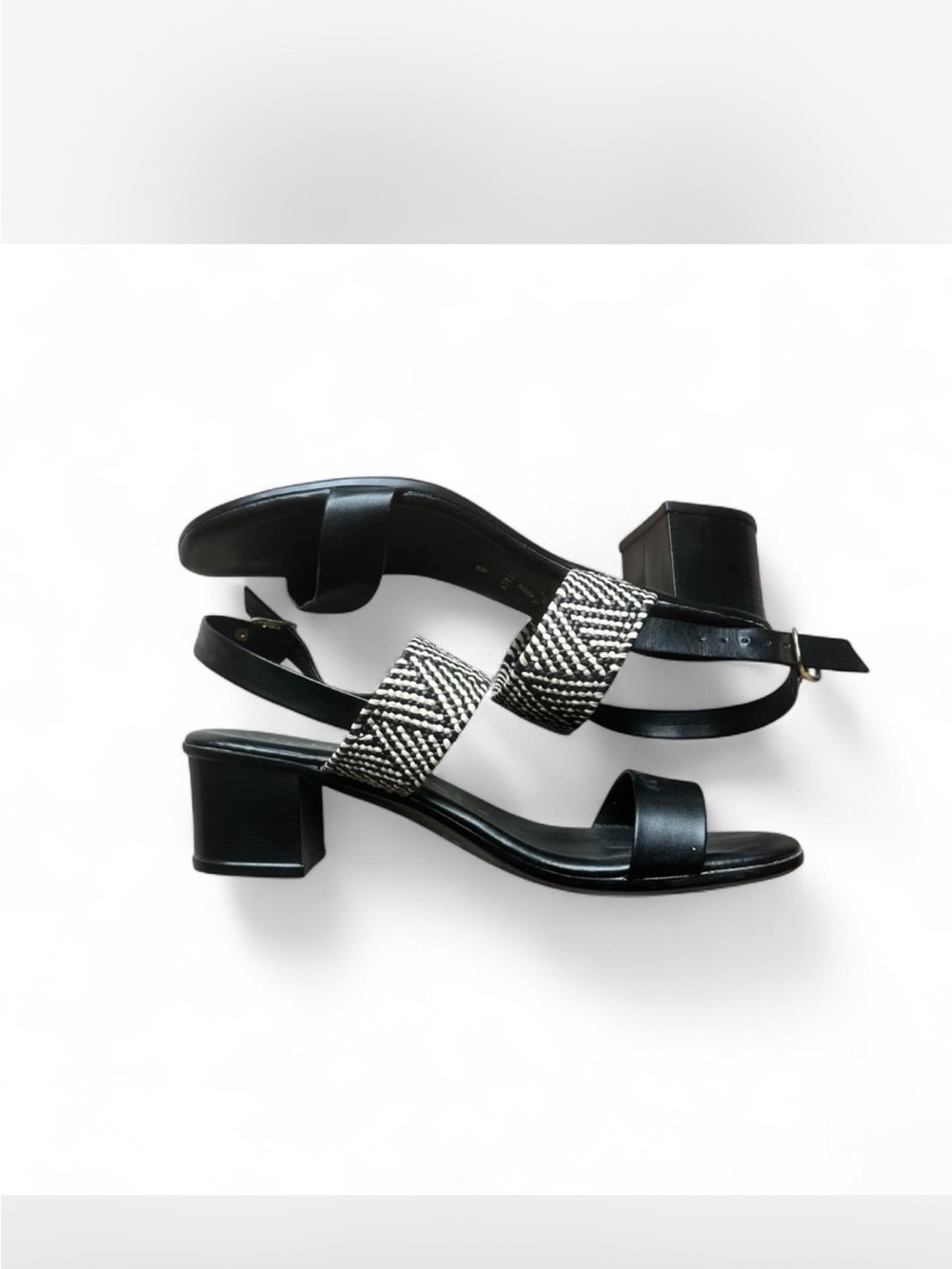 Italian Shoemaker Black Low Block Heel Sandals with Woven Accent